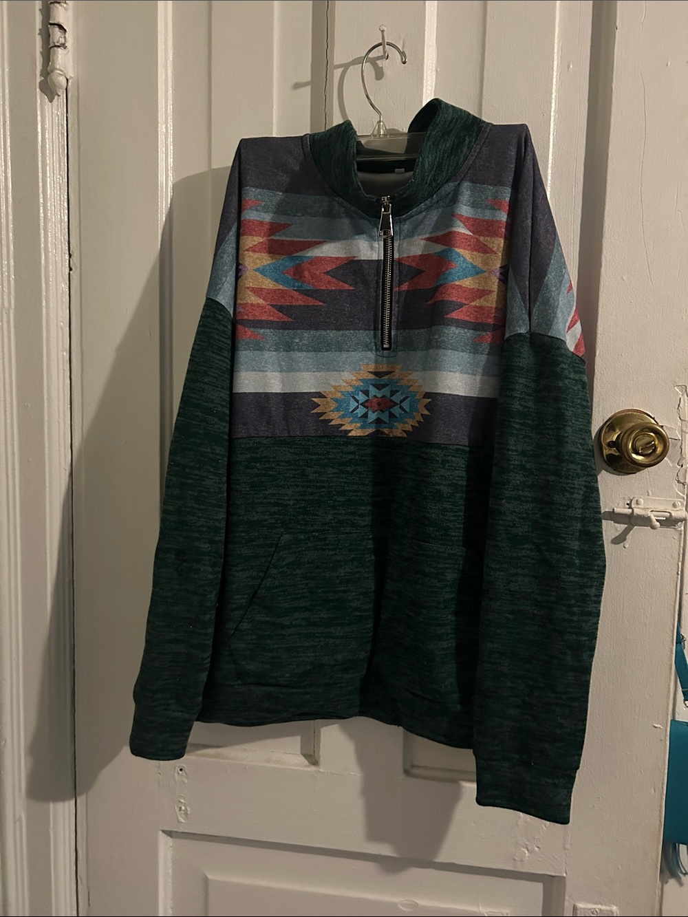 Half-Zip Sweater Pullover in Dark Green with Aztec Print